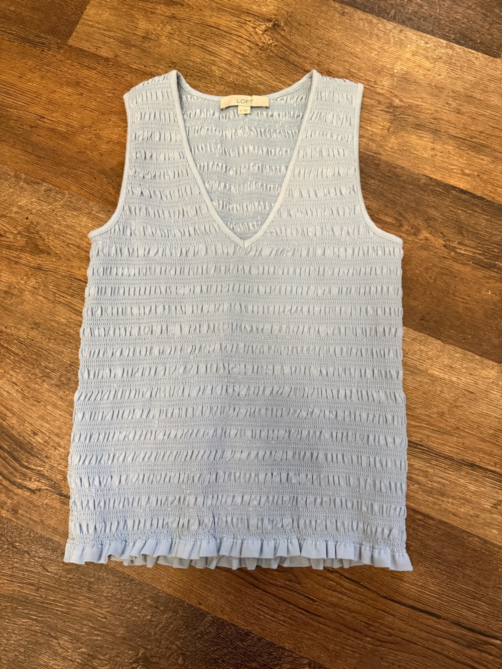 LOFT Light Blue V-Neck Textured Sleeveless Tank with Ruffle Hem